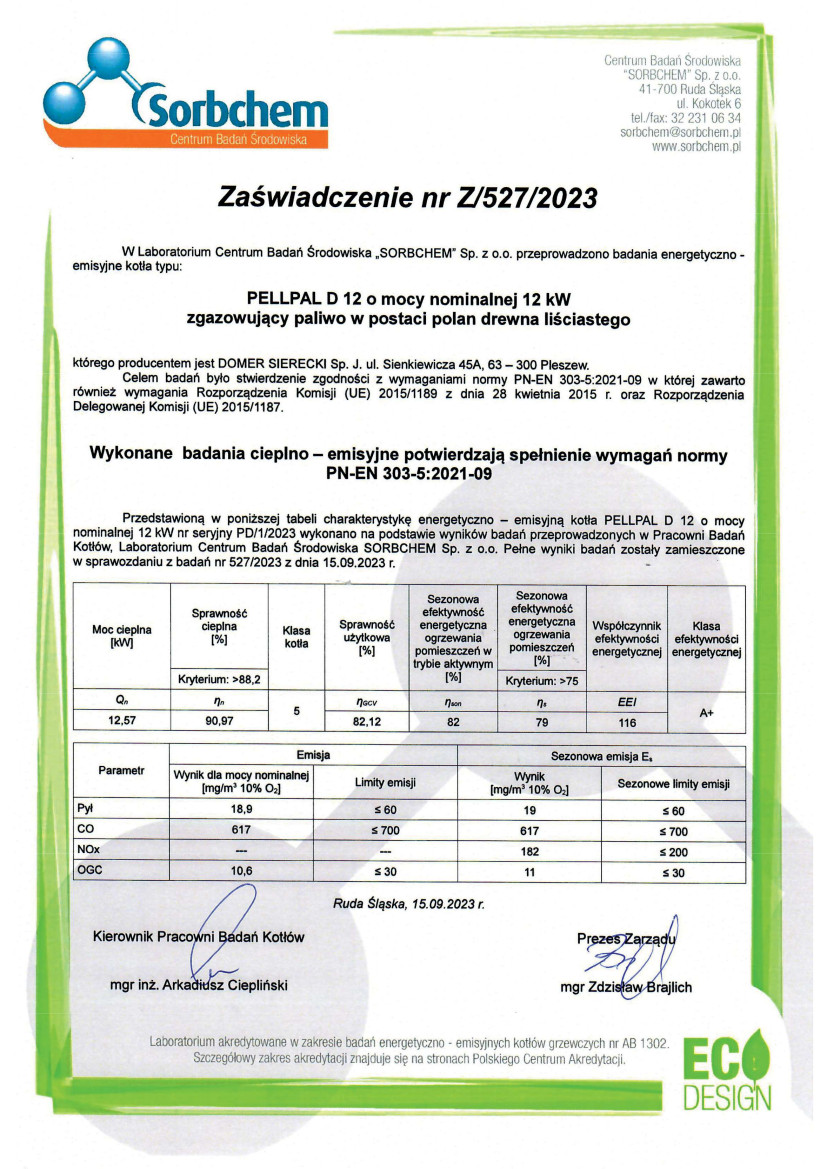 PELLPAL D 12 - CERTYFIKAT I SPRAWOZDANIE